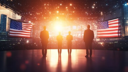 Political candidates giving speeches in a holographic debate futuristic tech illuminating the stage