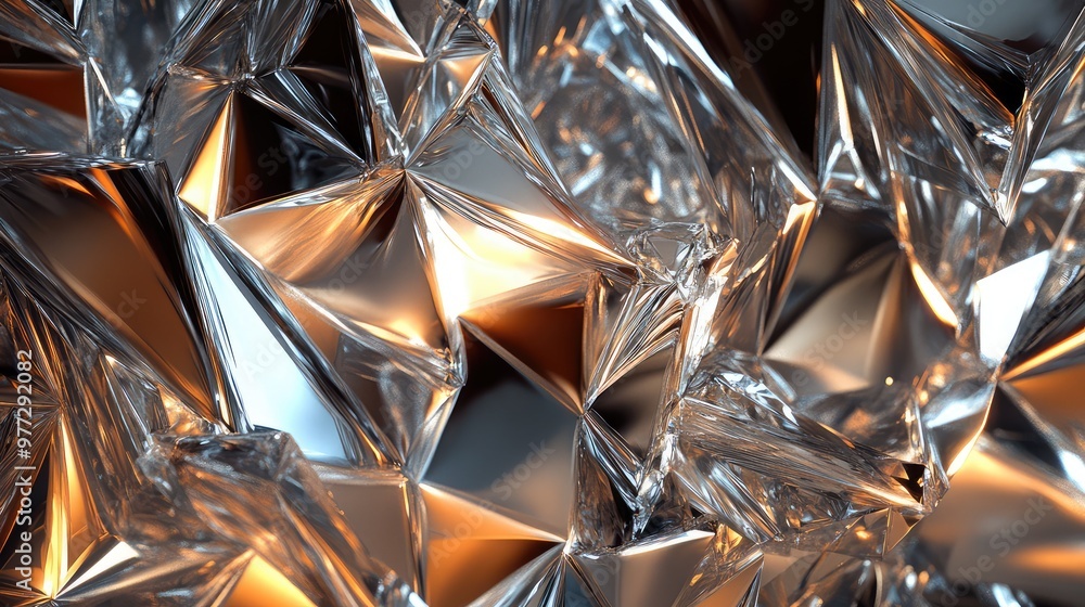 Poster jagged metallic surfaces reflecting light, creating a sharp, fragmented abstract form.