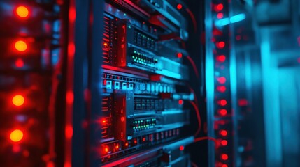 Naklejka premium A server room in a data center is lit by red and blue lights