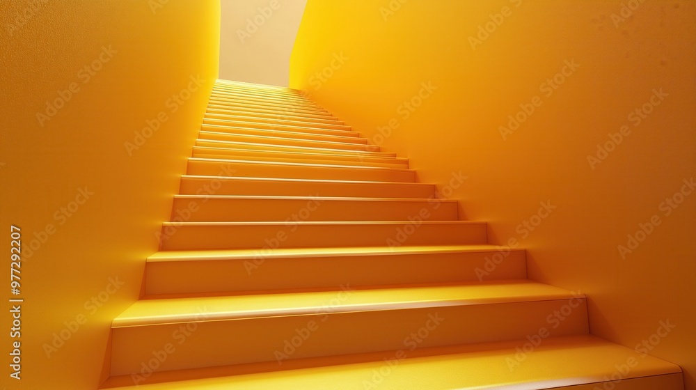Poster a staircase with gold steps leading up to a lighted area. the staircase is illuminated, creating a w