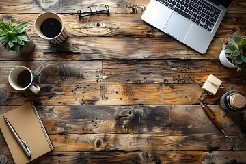 Rustic Wooden Desk Workspace with Coffee, Laptop, Notebook, and Succulents - Ideal for Office Inspiration and Home Office Design