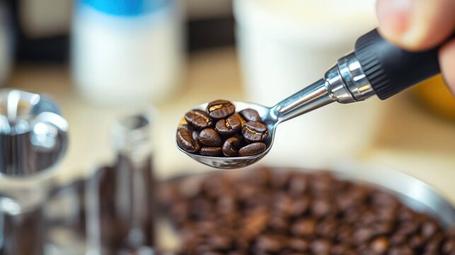 Cup of coffee and coffee beans in a sack, Brown roasted coffee beans closeup.