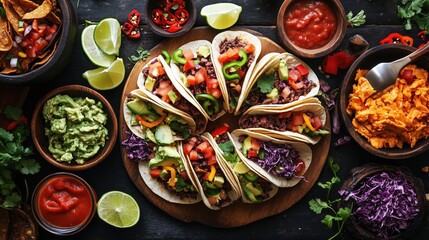 A table with a variety of Mexican food including tacos, guacamole, and salsa. The table is set for a party or gathering