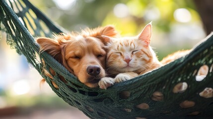 Cat and Dog in a Hammock: A cat and dog relaxing in a hammock together, swaying gently in the breeze. 