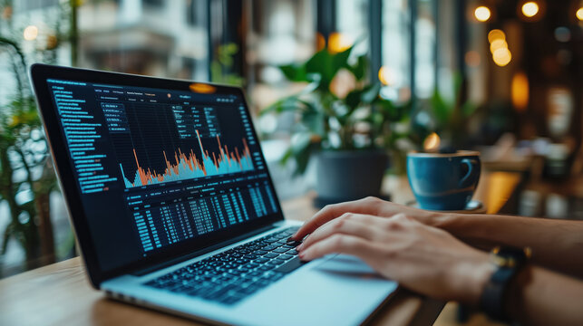 A businessman is analyzing data on laptop in cozy cafe
