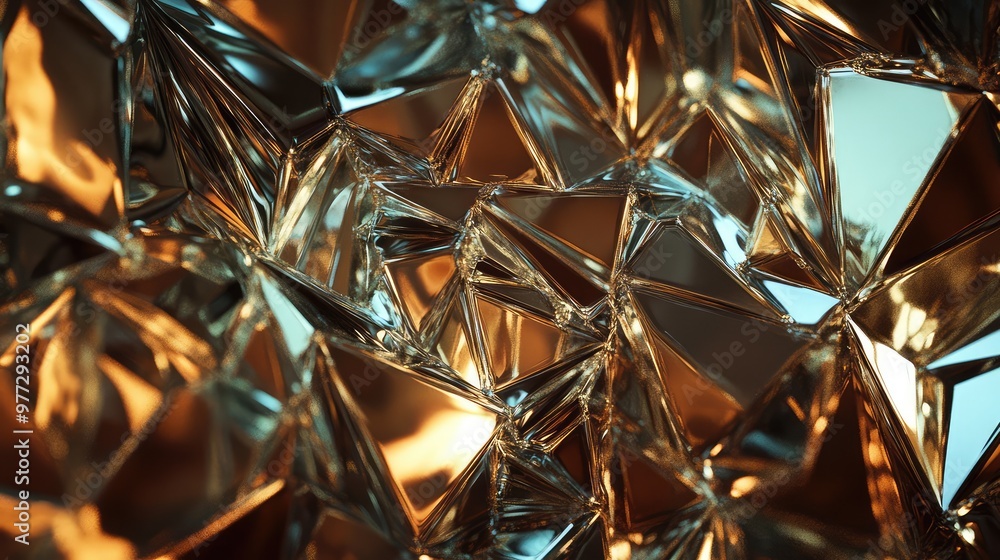 Poster jagged metallic surfaces reflecting light, creating a sharp, fragmented abstract form.