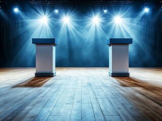 Side view of two podiums in a debate hall empty stage with spotlight