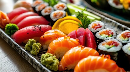 A tray of assorted sushi rolls and vegetables. The sushi rolls are arranged in a way that they look like they are ready to be eaten