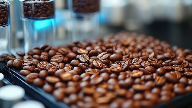 Cup of coffee and coffee beans in a sack, Brown roasted coffee beans closeup.