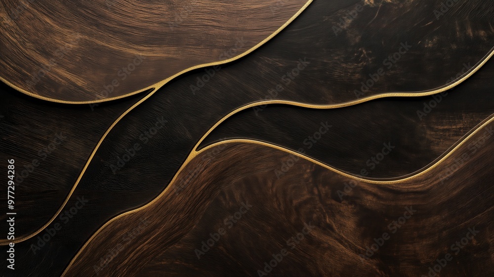 Poster a wooden surface with a gold-colored design. the design is made up of various lines and shapes, crea