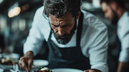 In a contemporary kitchen, a chef wearing a white shirt and black apron is intently focused on plating a dish, demonstrating precision and care in a professional environment.