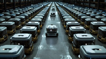 Obraz premium Warehouse Robot: A fleet of robots efficiently organizing and transporting goods in a large warehouse. 