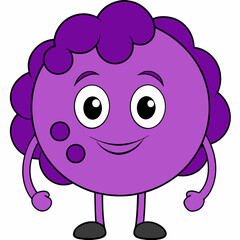 a round, purple character with big, expressive eyes and wavy hair.