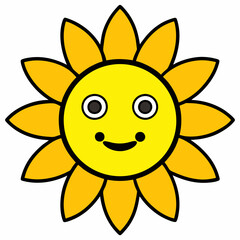 a bright, smiling sunflower with yellow petals and a happy face in the center. 