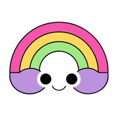 a cute, cartoon rainbow with soft pastel colors and a smiling face