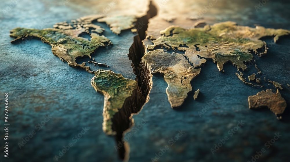 Poster a world map with a large crack in it. the crack is in the middle of the map and is very wide