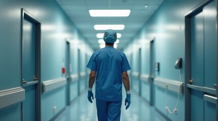 A medical professional in scrubs walks down a quiet, sterile hospital corridor, preparing for another critical task in patient care.