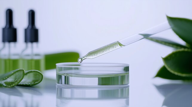 A dropper dispensing an aloe vera extract into a glass dish with green leaves in a clean, minimalistic setting