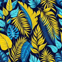 Botanical seamless tropical pattern with bright yellow and blue plants and leaves on a black background. Jungle leaf seamless vector floral pattern background