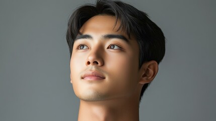 위를 올려다보고 있는 젊은 아시아 남자의 초상화