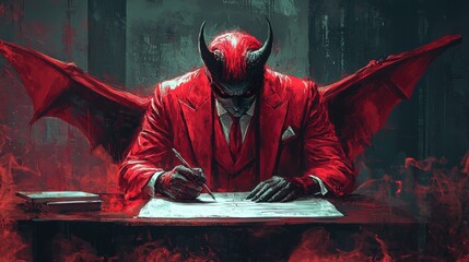Devilish Deal: Professional in Costume Signing Sinister Contract Amidst Dark Business Ambiance