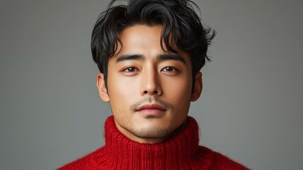 Fototapeta premium 빨간 스웨터를 입은 잘생긴 아시아 남자의 초상화
