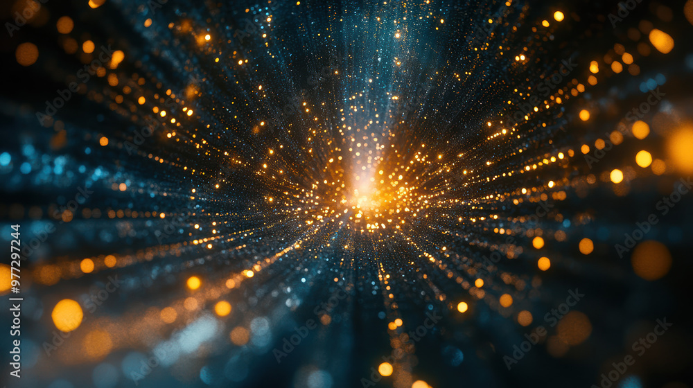 Poster a mesmerizing image of sparkling golden and blue particles radiating outward, creating a stunning vi