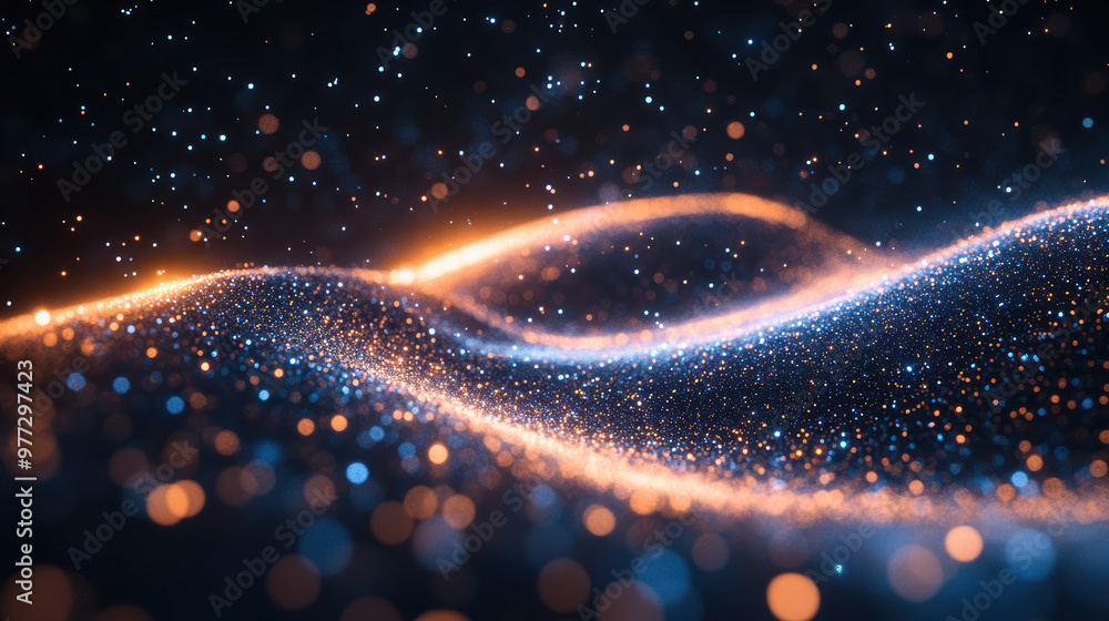 Poster abstract image of glowing particles forming wave patterns in a dark background, creating a futuristi