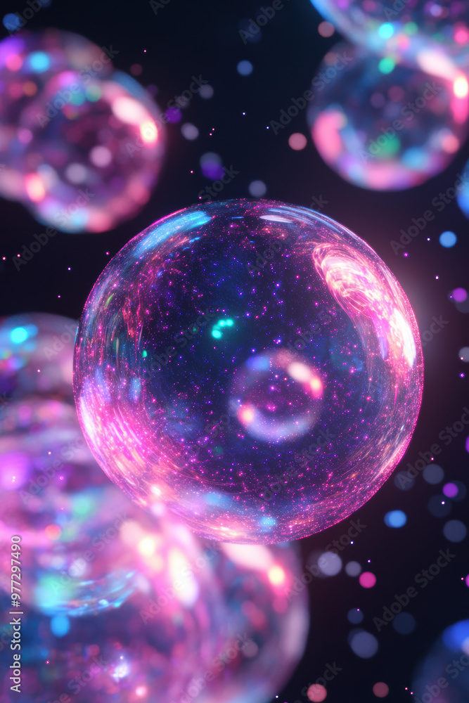 Poster vibrant cosmic bubbles with colorful particles floating in dark space, creating a mesmerizing and ot