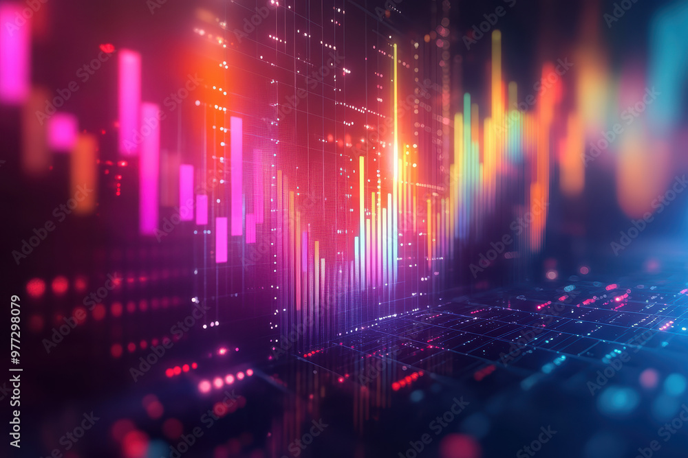 Poster vibrant digital abstract background with colorful lights and glowing graphs symbolizing data analysi