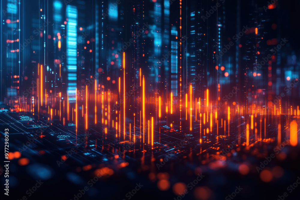 Poster futuristic cityscape with glowing data streams and digital interface elements. abstract technology b