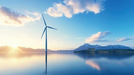A wind turbine is standing in the water next to a mountain
