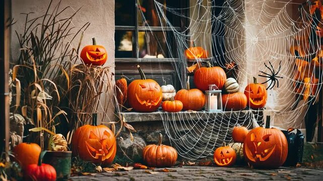 Enchanting Halloween Ambiance. Glowing Pumpkins and Flickering Candles Creating a Spooky Charm