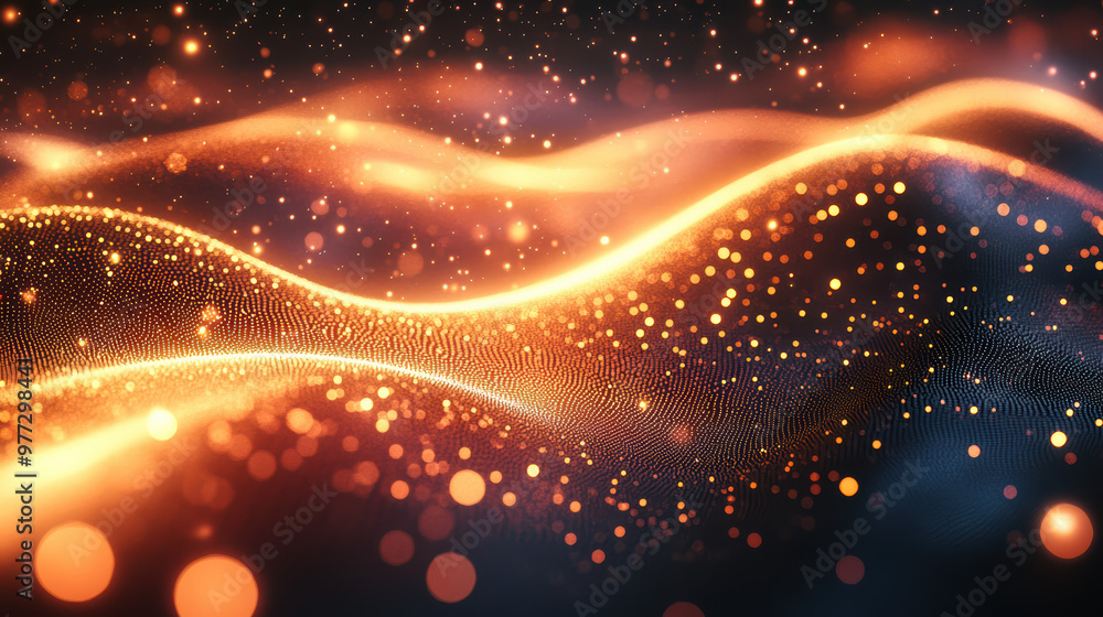 Poster glowing abstract background with golden light waves and sparkling particles, creating a mesmerizing 