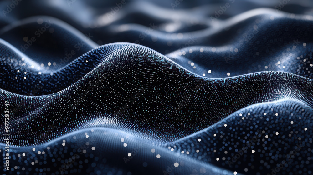 Poster captivating abstract wave-like patterns with dynamic light effects and shimmering particles create a
