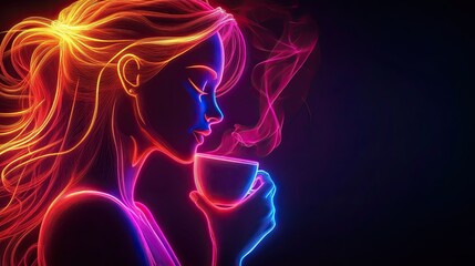 Obraz premium Vibrant neon artwork of a woman holding and sipping a steaming cup, with glowing lines outlining her silhouette against a dark background.
