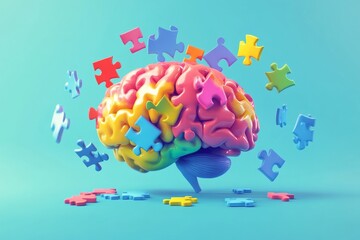 3D illustration of brain solving puzzle with floating colorful pieces in vibrant style