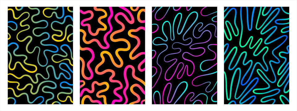 Twisted continuous lines, fluid, curved, wiggling stripes vector backgrounds set. Liquid chaotic ornaments, colorful gradient patterns collection. Doodle, uneven hand drawn wavy, organic winding lines