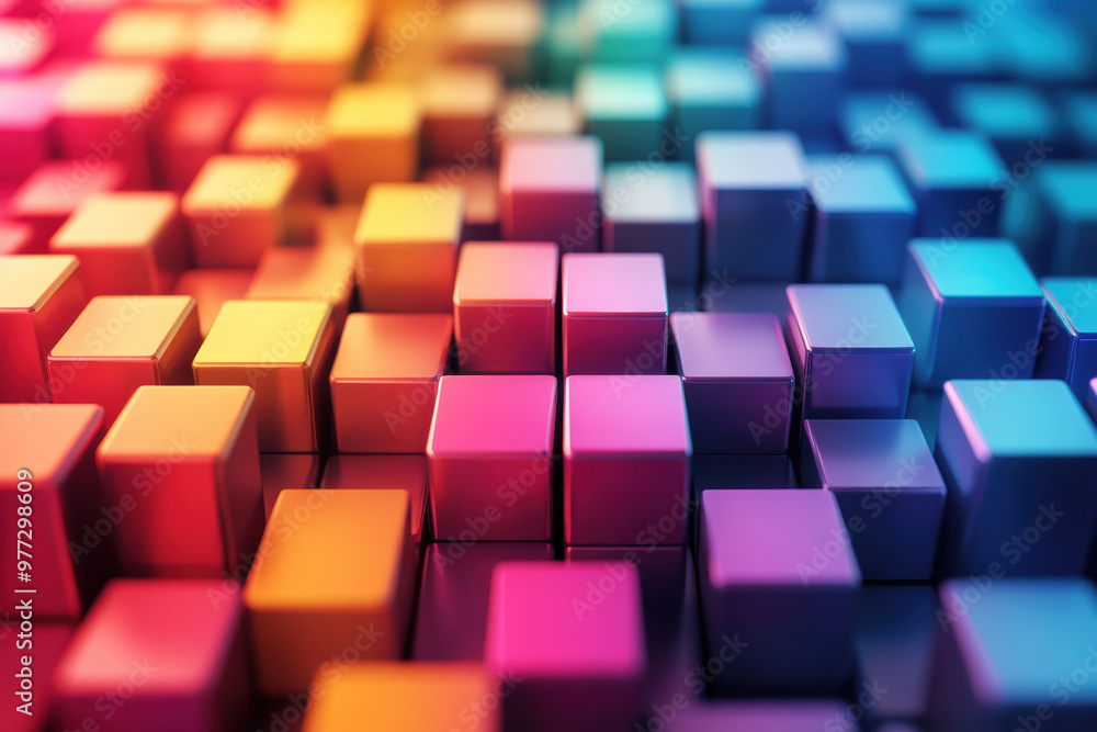 Poster vibrant cubes in gradient hues create a visually striking abstract pattern, showcasing dynamic color