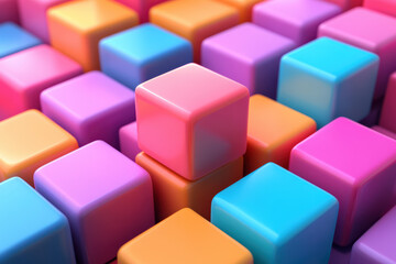 Obraz premium Colorful cubes arranged in a vibrant geometric pattern, showcasing a mix of blue, pink, and orange hues creating an eye-catching visual effect.