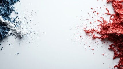 The image displays blue and red powder explosions on a white background, creating an abstract and dynamic visual effect representing creativity and contrast.