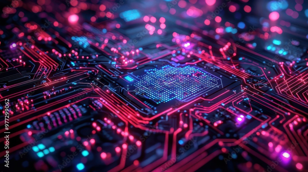 Poster a vibrant close-up of a futuristic circuit board, illuminated with colorful lights and intricate pat