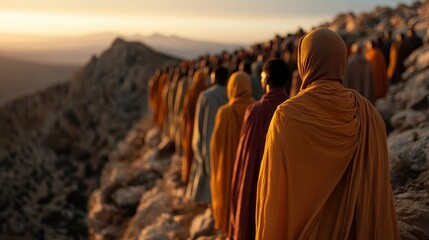 A line of monks in colorful robes are standing on a rocky hill at sunrise, creating a serene and peaceful atmosphere with scenic mountain landscape in the background.