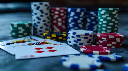 Winning Hand in Poker: A winning poker hand laid out on the table, surrounded by chips and cards. 
