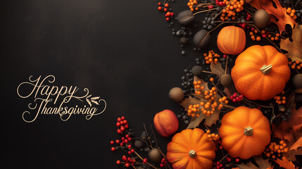 Thanksgiving background decoration from dry leaves, red berries and pumpkin on blackboard background