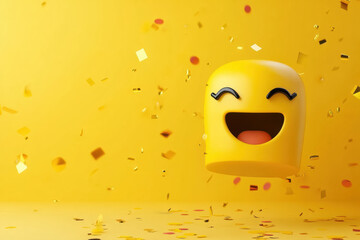 A cheerful yellow  emoji with a joyful expression floating among colorful confetti on a bright yellow background, conveying happiness and celebration.
