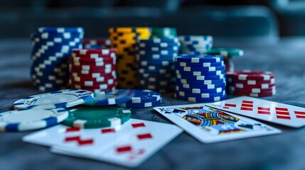 Naklejka premium Winning Hand in Poker: A winning poker hand laid out on the table, surrounded by chips and cards. 