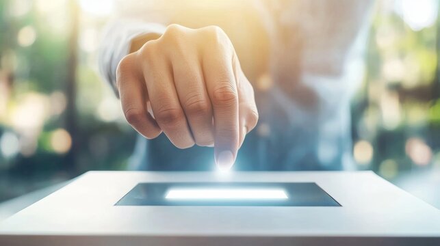 Voter scanning their fingerprint to cast a digital vote holographic confirmation of their ballot