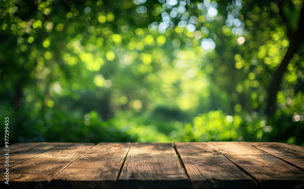 Poster wooden table in a lush green forest with sunlight filtering through leaves, perfect for background u