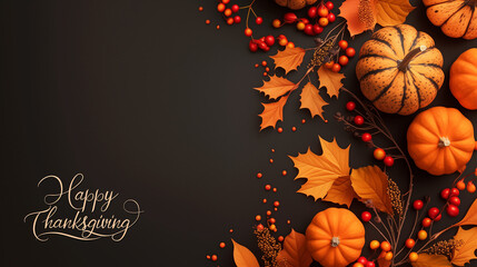 Thanksgiving background decoration from dry leaves, red berries and pumpkin on blackboard background